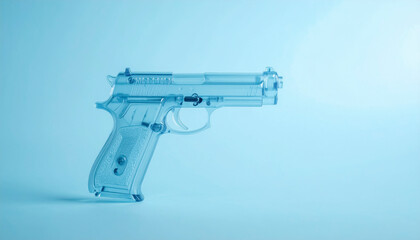 水色の背景透明なプラスチックのおもちゃの銃　