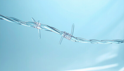 透明なプラスチックでできた有刺鉄線　青い背景　立ち入り禁止・牢獄