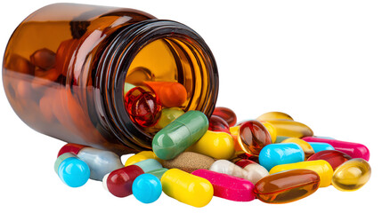 Spilled medication from an amber bottle, featuring colorful capsules and tablets on a white background, illustrating healthcare and pharmacy concepts.