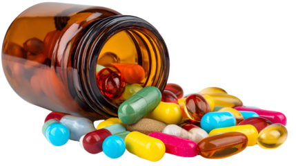 Spilled medication from an amber bottle, featuring colorful capsules and tablets on a white background, illustrating healthcare and pharmacy concepts.