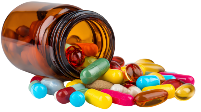 Spilled medication from an amber bottle, featuring colorful capsules and tablets on a white background, illustrating healthcare and pharmacy concepts.
