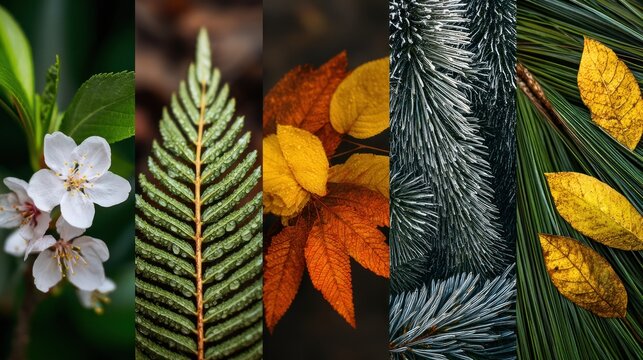 Four different types of leaves, each with unique textures and colors, arranged in a vertical format with a blurred background.