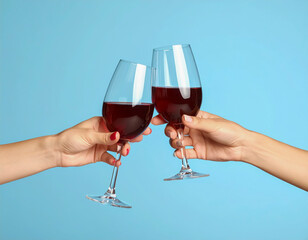 乾杯してグラスを合わせる手　ワイン・アルコール・パーティー・お祝いのイメージ　青い背景