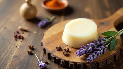 Aromatic Herbal Cleansing Bar on Rustic Wooden Board with Lavender and Spices
