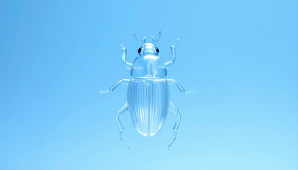 透明なガラス・プラスチックの虫　甲虫のアップ　水色の背景