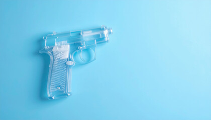 水色の背景透明なプラスチックのおもちゃの銃　