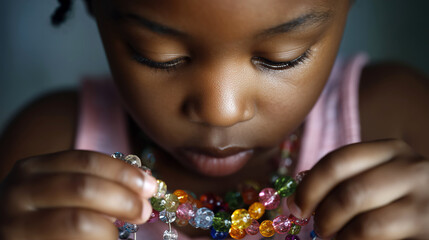 Naklejka premium A young African American girl is engaged in making jewelry with vibrant beads. She carefully strings the beads together, showcasing her creativity and concentration in a cozy setting