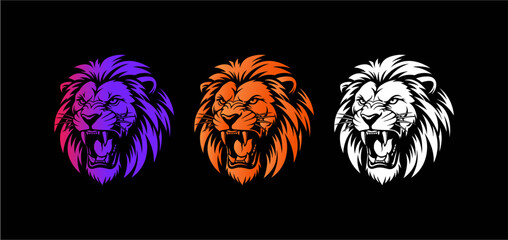 Three lion heads in a row, each a different color: purple, orange, and white, all roaring.
