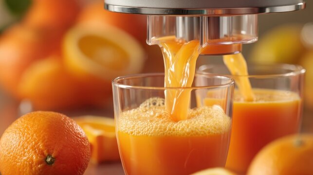 Orange juice being poured into two glasses, with oranges and lemons in the background.