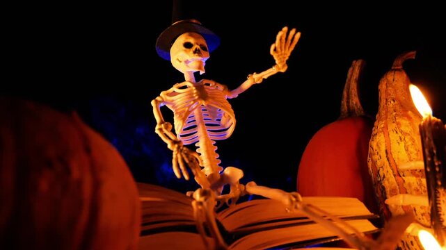 Scary Stories for the Fall Season.Skeleton with outstretched bony hand on a stack of books. Black candles and pumpkins in the dark of night.Magical Autumn Literature. 4k footage