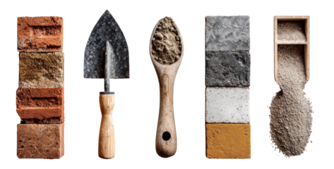 Colorful Construction Materials and Tools on Isolated Transparent Background