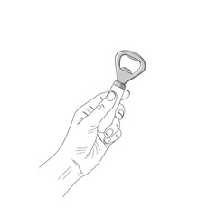 Vector art of hand holding a metal bottle opener, , simple line art illustration, graphic design element for opening beverages like beer or soda, clear and clean visual for commercial use