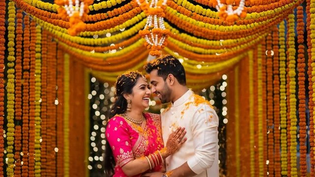 Joyful pre-wedding ritual: Couple embracing amidst marigold garlands, celebrating love and new