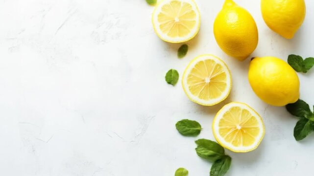 Fresh yellow lemons and green mint leaves on white background