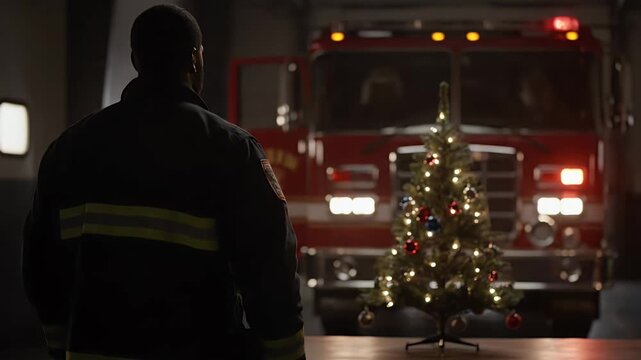 The Sacrifice and Dedication of a Firefighter Working Alone on Christmas Eve in the Fire Station.