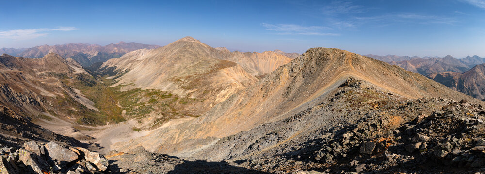 This scenic mountain panorama features the colorful Colorado Sawatch Range's 13er, Sayres Benchmark, with 14er La Plata Peak rising directly behind it. 