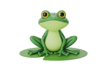 Adorable cartoon frog sitting on lily pad with big, bright yellow eyes