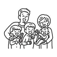 家族 赤ちゃん 兄姉 抱っこ 見つめる 笑顔 モノクロ 手描き イラスト