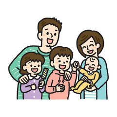 赤ちゃんを囲む家族の楽しい時間を描いたカラフルで元気なイラスト