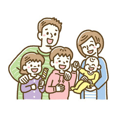赤ちゃんを囲む笑顔の家族のイラスト パステル