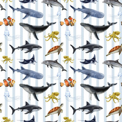 Australian sea life animal seamless pattern. Hand drawn humpback whale, great white shark, whale shark, green sea turtle, manta ray watercolor vintage style illustration on striped background