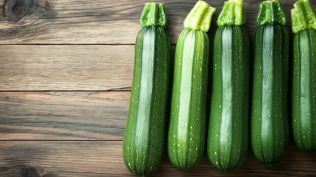 Fresh zucchinis displayed on rustic wooden surface overhead