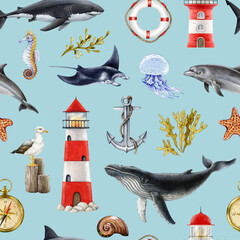 Marine theme seamless pattern design element on blue background. Hand drawn lighthouse, whale, dolphin, shark, anchor watercolor illustration. Sea life mood elements vintage style seamless pattern