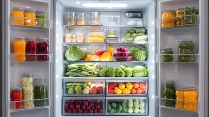 A well-stocked refrigerator filled with fresh produce, including vegetables and fruits, with a variety of colors and textures.
