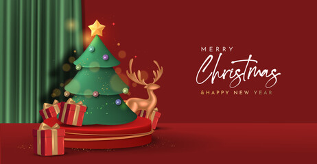 A beautifully decorated Christmas tree with shining star, colorful ornaments, gifts, and a golden reindeer beside it. Merry Christmas Banner Design Vector Illustration 