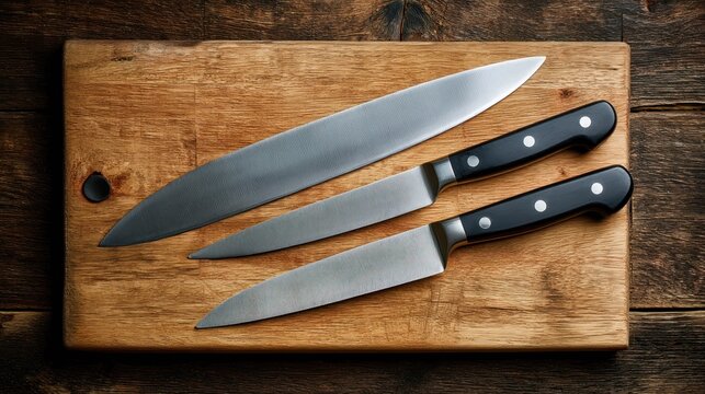 Three kitchen knives on a wooden chopping board, with one blade slightly open, on a rustic wooden table with a dark brown finish.