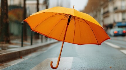 An orange umbrella with water droplets on it, standing upright in the rain on a city street with buildings in the background.