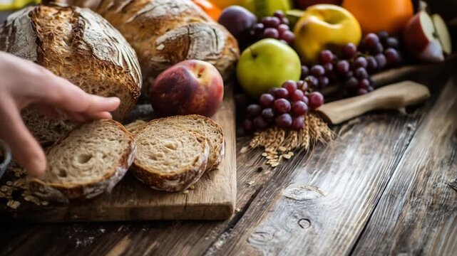 Freshly baked bread with fruits on rustic wooden table