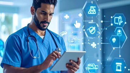 A male medical professional uses a tablet amidst glowing healthcare network icons, signifying digital health - Powered by Adobe