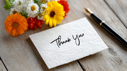 An elegant thank you greeting card with calligraphy on textured paper, placed beside fresh flowers and a fountain pen