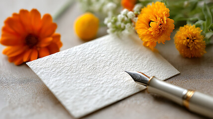 An elegant white blank greeting card with textured paper, placed beside fresh flowers and a fountain pen