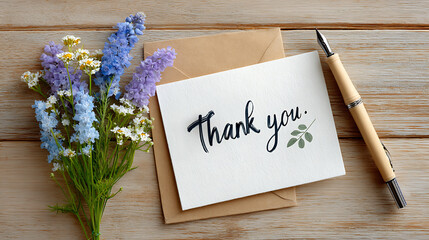 An elegant thank you greeting card with calligraphy on textured paper, placed beside fresh flowers and a fountain pen