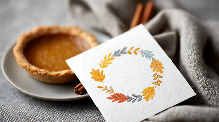 A warm autumn-themed greeting card, with copy space for text, a colorful leaf wreath, and a gratitude message beside pumpkin pie and cinnamon sticks