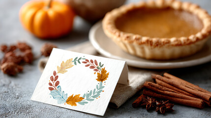 A warm autumn-themed greeting card, with copy space for text, a colorful leaf wreath, and a gratitude message beside pumpkin pie and cinnamon sticks