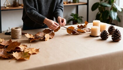 Hands crafting an autumn garland with dry leaves, candles, and pine cones on a minimalist table, symbolizing creativity, seasonal warmth, and the mindful beauty of handmade home decor.