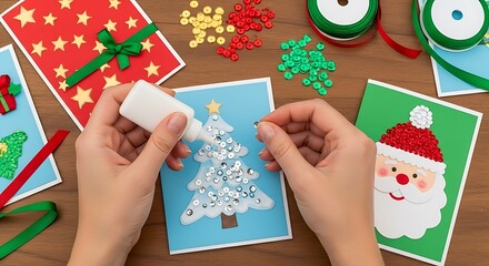 Hands crafting festive Christmas cards with glitter, sequins, and ribbons, featuring a decorated Christmas tree and Santa Claus design.