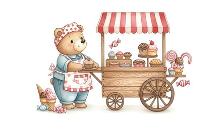 Cute bear selling cupcakes and sweets from a cart illustration for kids and children design art