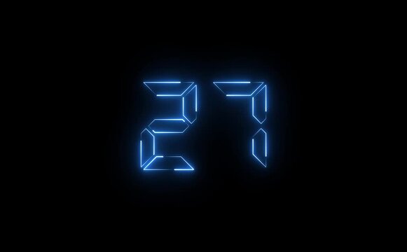A glowing blue digital number twenty seven displayed against a stark black background in the center