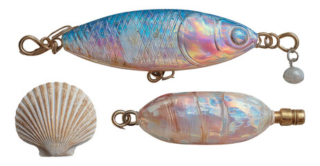 Colorful Fishing Lures and Seashell on Transparent Background Isolated Art
