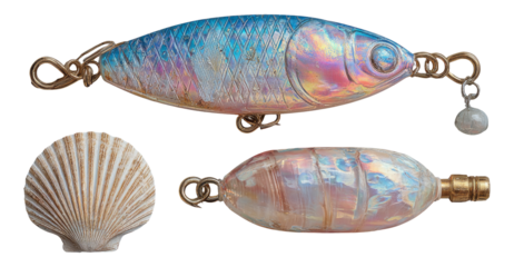 Colorful Fishing Lures and Seashell on Transparent Background Isolated Art