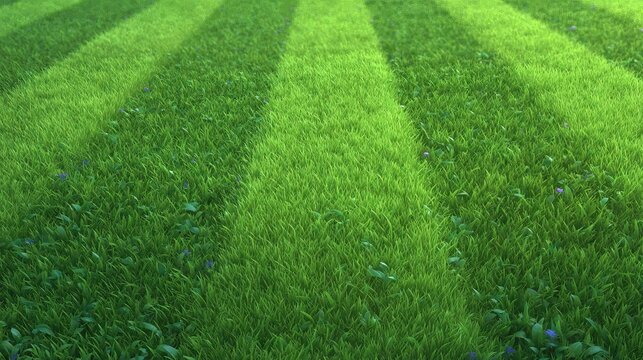 Vibrant striped green grass field with small purple flowers, low angle