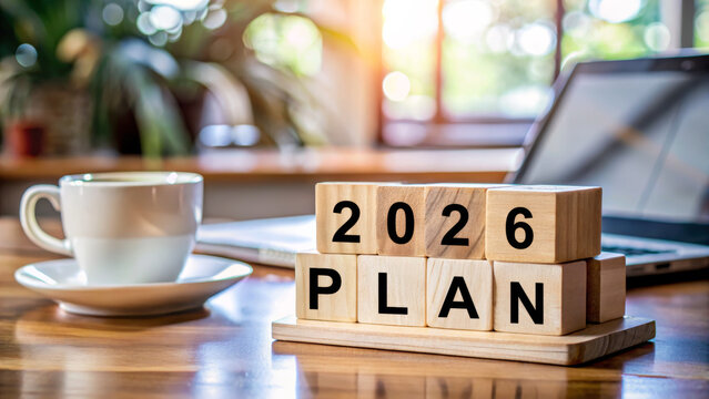 Upcoming new year business goal change office desk with wooden blocks showing 2026 plan coffee cup laptop and morning light inspiring productivity - Powered by Adobe