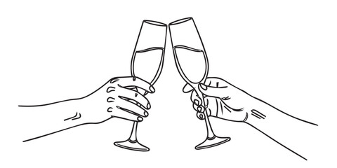 Two hands clinking champagne flutes in a toast celebration drawing