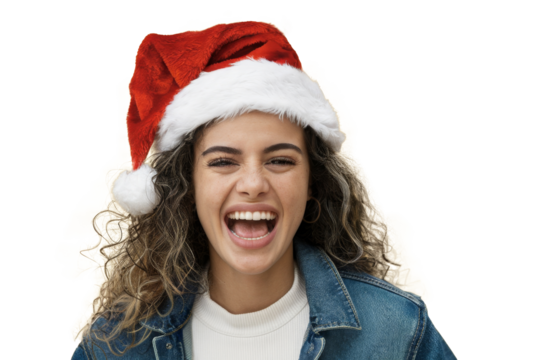 happy woman wearing christmas santa hat