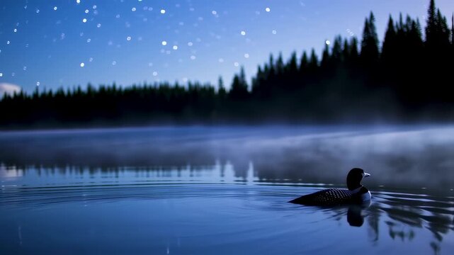A serene night at the lake: A loon swims under a starry sky landscape