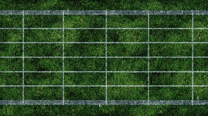 Aerial view of a green grass field with white painted lines for sports